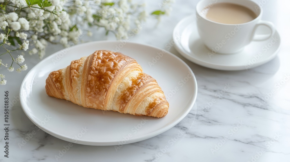 Freshly Baked Croissant with Coffee on Marbled Table