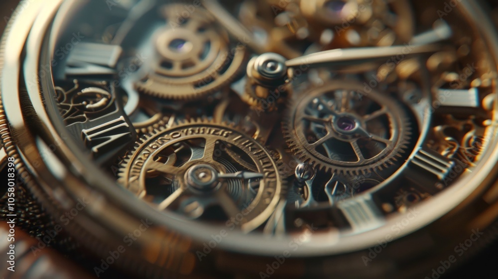 Classic watch face close-up, showcasing intricate gears and details, set against a soft leather background, highlighting craftsmanship and luxury.