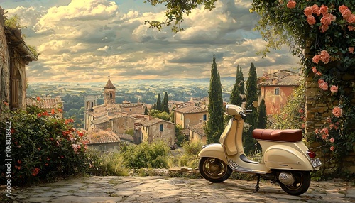 Italian Villages Exploration: A vintage   traversing peaceful villages against a lively summer backdrop.
