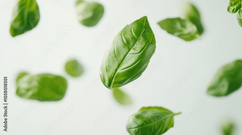 Fresh Basil Leaves Flying in the Air Against a Light Background Fresh Basil Leaves Flying in the Air Against a Light Background