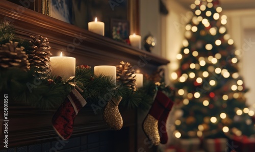 Christmas mantle with garlands, stockings, pinecones, and candles, in a cozy living room with a decorated tree in the background