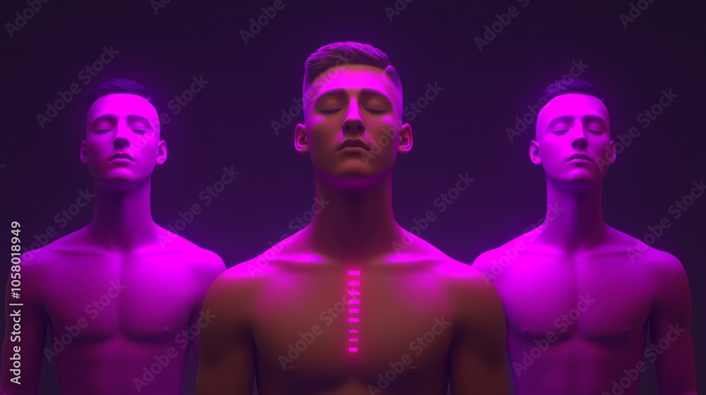 A striking image of three figures with closed eyes and vibrant purple lighting, symbolizing serenity and transcendence. A striking image of three figures with closed eyes and vibrant purple lighting, symbolizing serenity and transcendence.