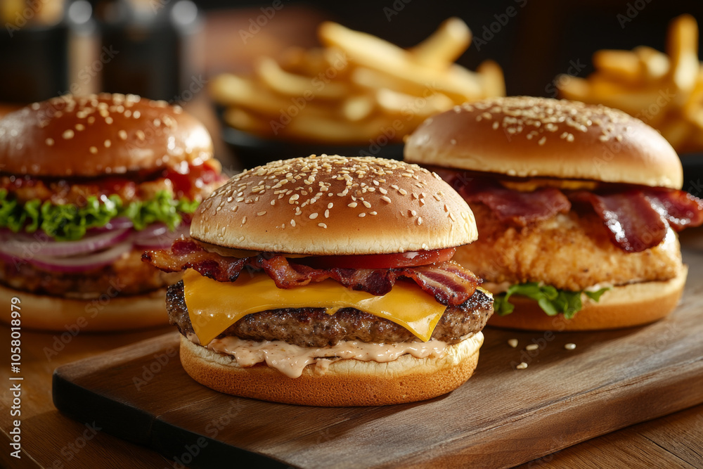 Three juicy tasty hamburgers lie on a wooden table in a bar or cafe. Three juicy tasty hamburgers lie on a wooden table in a bar or cafe.