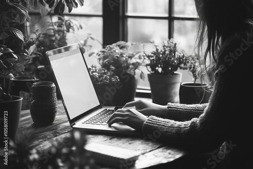 Copywriter brainstorming new ideas, happily typing on a laptop in a cozy workspace. photo