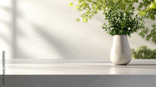 Potted plant on a sunlit table with a blurred leafy background, AI