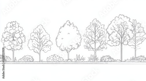 Hand-drawn Illustrations of Various Tree Types with Decorative Elements