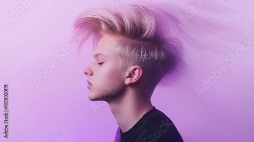 A stylish young person with trendy hairstyle poses against a vibrant purple background, showcasing creativity and modern fashion.