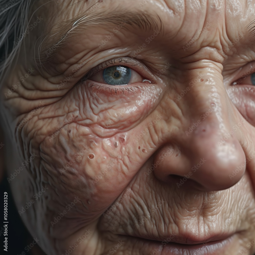 Close-up portrait of an old woman's face covered with deep wrinkles Close-up portrait of an old woman's face covered with deep wrinkles