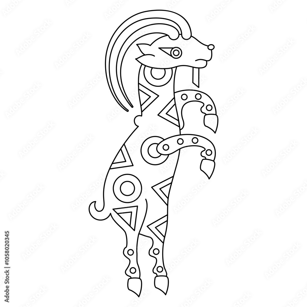 Funny dancing goat. Ancient Iranian folk animal design from Sogdia or Sogdiana. Black and white linear silhouette.