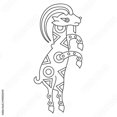 Funny dancing goat. Ancient Iranian folk animal design from Sogdia or Sogdiana. Black and white linear silhouette.