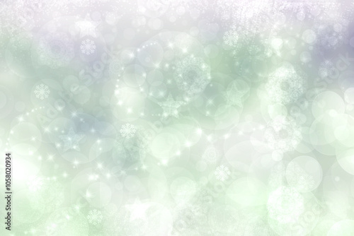 Abstract blurred festive light green white winter christmas or Happy New Year background texture with shiny bokeh circles, snowflakes and stars. Card concept.