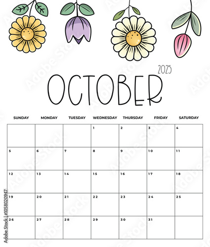 October 2025 Kids Calendar with Cute Floral Design