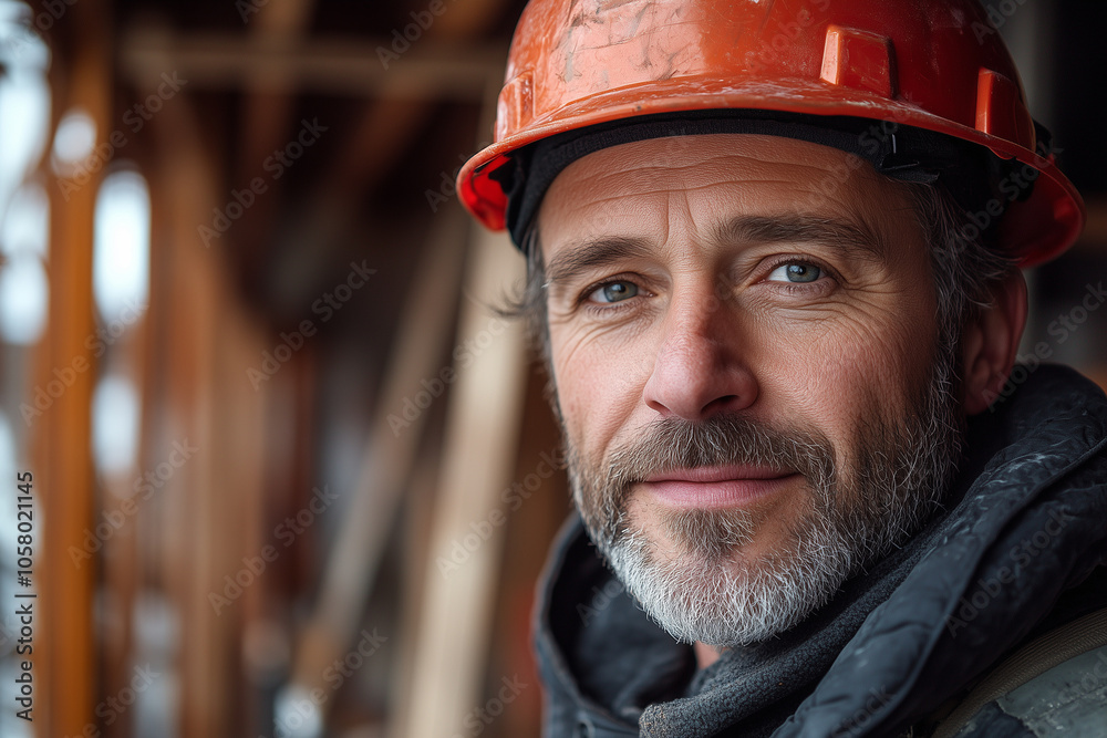 Builder with hard hat on a construction site, looking proud as they oversee progress.