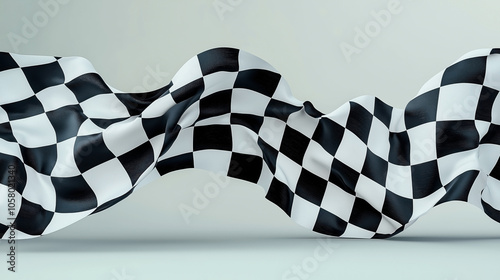 Flowing black and white checkered flag waving against a neutral background, symbolizing racing or finishing line concept with smooth fabric texture and dynamic movement.