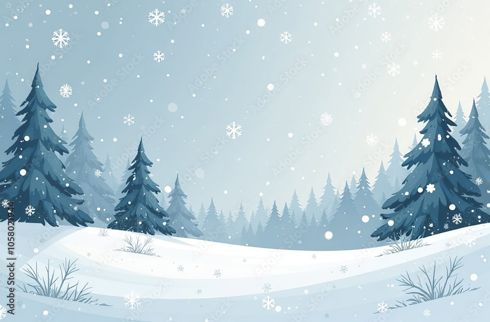 Fototapeta premium Winter snowy landscape, it’s snowing, there are fir trees, a blurry forest of fir trees in the background, white and gray picture, illustration