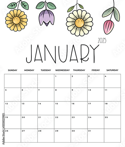 January 2025 Kids Calendar with Cute Floral Design