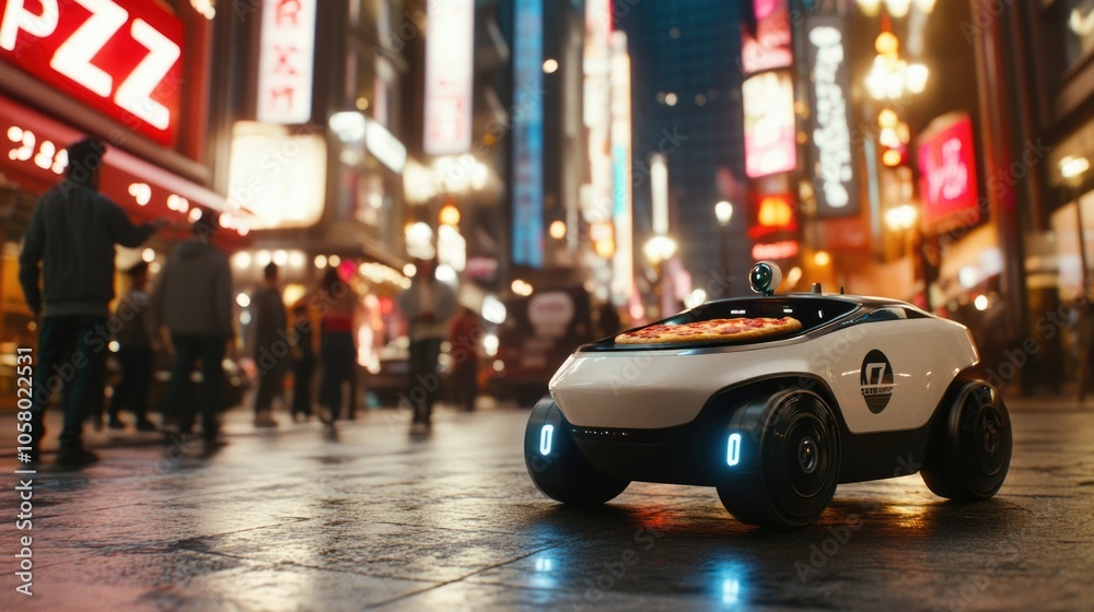 Autonomous pizza delivery robot navigating bustling city streets at night Autonomous pizza delivery robot navigating bustling city streets at night