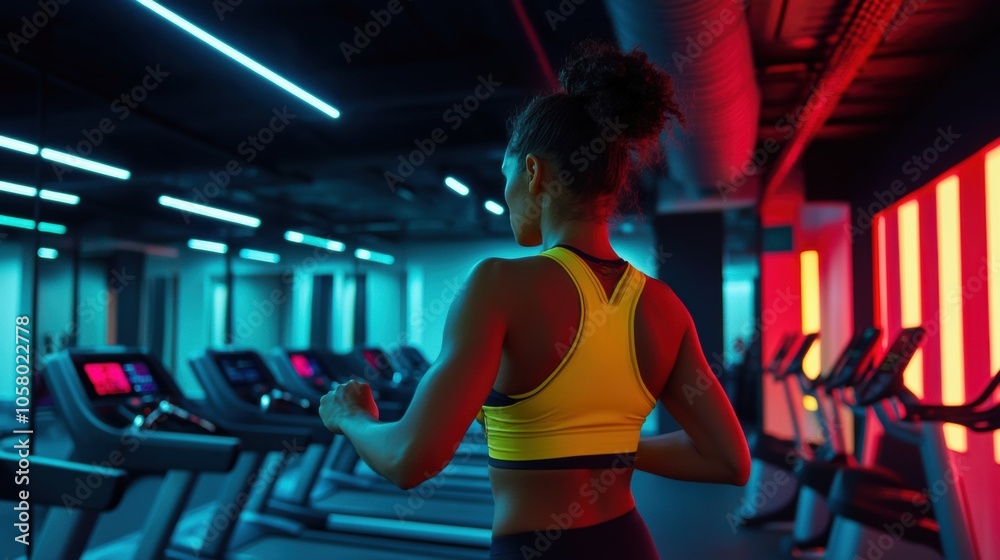 Determined Woman Running on Treadmill in Modern Gym Setting Determined Woman Running on Treadmill in Modern Gym Setting