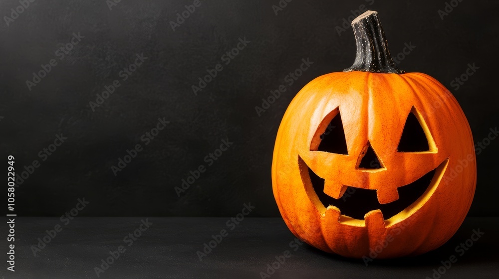 Halloween Pumpkin with Grinning Face on Dark Background Halloween Pumpkin with Grinning Face on Dark Background