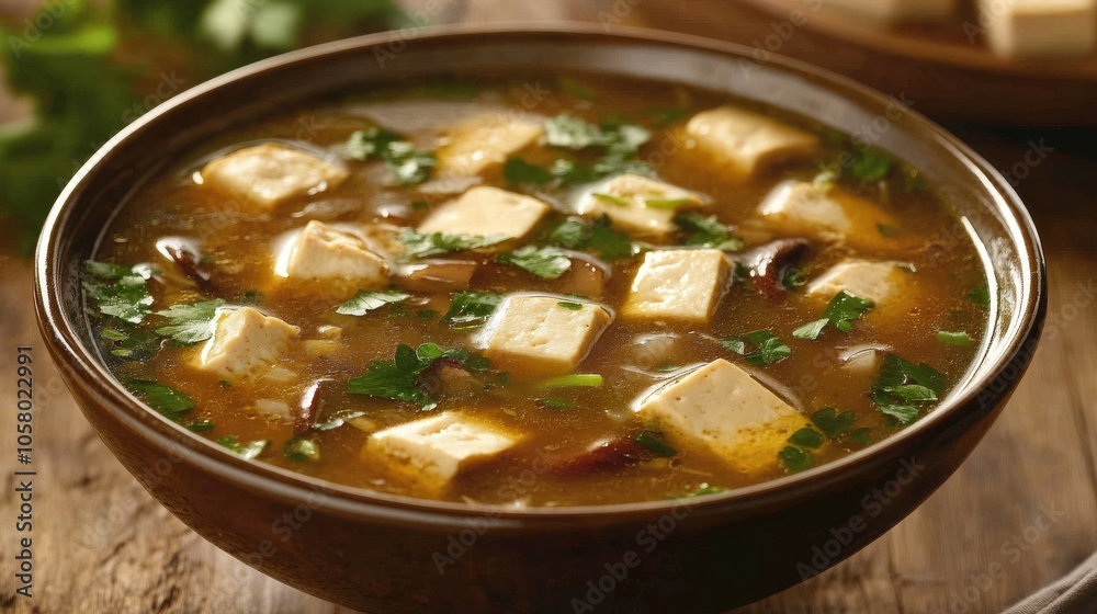 Hot and sour soup with tofu, mushrooms, and fresh herb garnish in a traditional bowl, highlighting its rich color and savory aroma
Hot and sour soup with tofu, mushrooms, and fresh herb garnish in a traditional bowl, highlighting its rich color and savory aroma