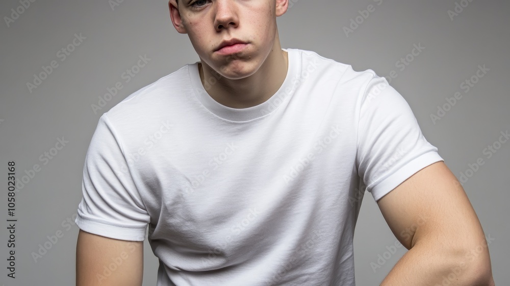 A young man in a plain white t-shirt poses confidently against a neutral backdrop, showcasing modern style and a serious expression. A young man in a plain white t-shirt poses confidently against a neutral backdrop, showcasing modern style and a serious expression.