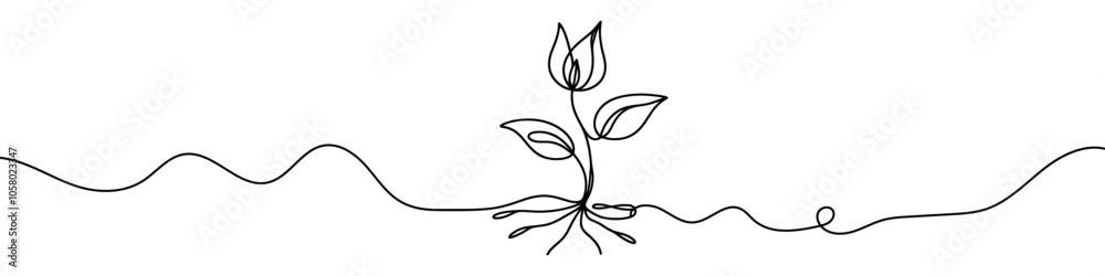 Minimalist continuous line drawing representing a growing plant with leaves. Vector illustration. Minimalist continuous line drawing representing a growing plant with leaves. Vector illustration.