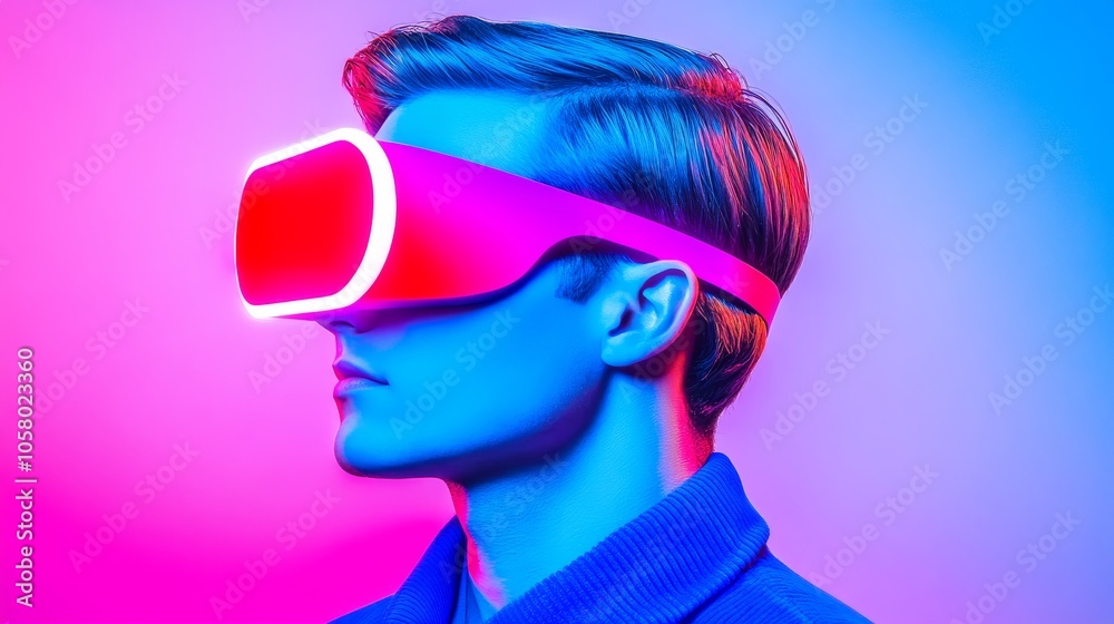 A young man wearing futuristic VR goggles against a vibrant pink and blue background, showcasing modern technology and style. A young man wearing futuristic VR goggles against a vibrant pink and blue background, showcasing modern technology and style.