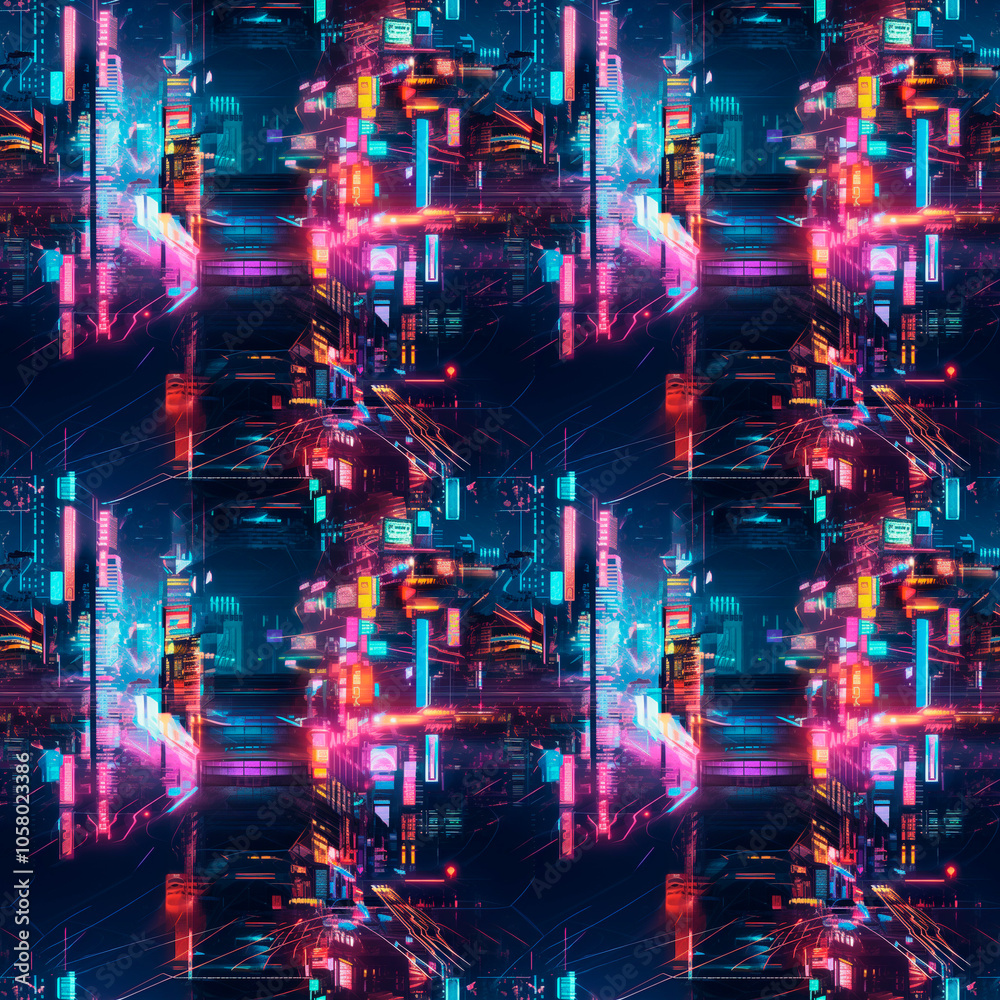 Obraz premium Digital cyberpunk city, neon lights, futuristic, dynamic mood, high-tech urban landscapes. Background, seamless pattern