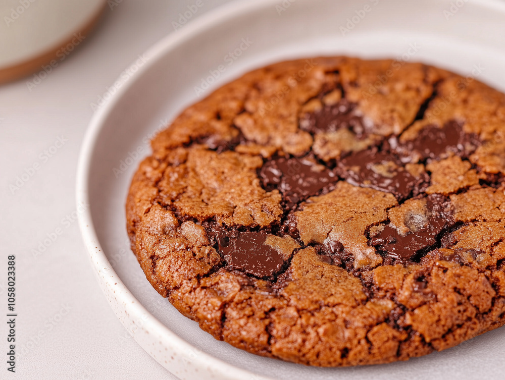 Freshly baked chocolate chunk cookie resting on a plate, displaying its melted chocolate and tempting texture Freshly baked chocolate chunk cookie resting on a plate, displaying its melted chocolate and tempting texture