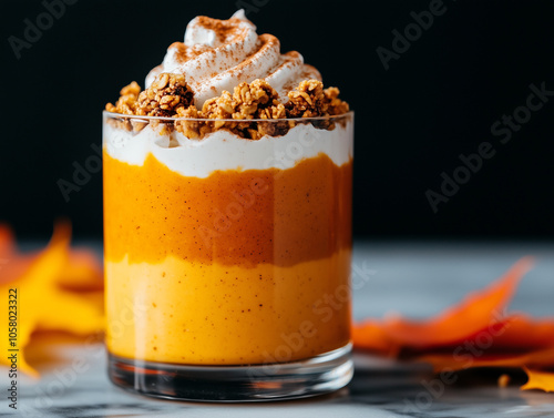 fall granola parfait treat featuring layers of pumpkin dessert, whipped cream, granola, and cinnamon in a glass