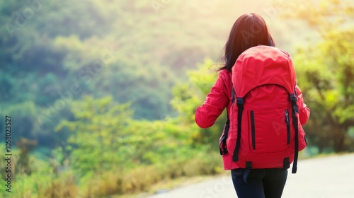 A young woman in a red jacket walks along a scenic path, carrying a backpack and enjoying the beauty of nature around her.