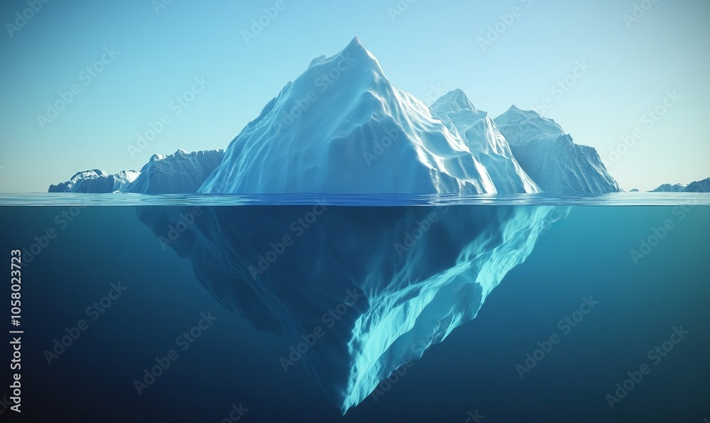 An iceberg visible above and below water on a clear blue background, illustrating the concept of hidden depth An iceberg visible above and below water on a clear blue background, illustrating the concept of hidden depth