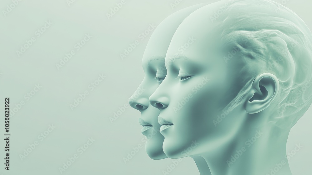 Abstract profile of two serene faceless figures illustrating duality and tranquility in a minimalistic design. Abstract profile of two serene faceless figures illustrating duality and tranquility in a minimalistic design.