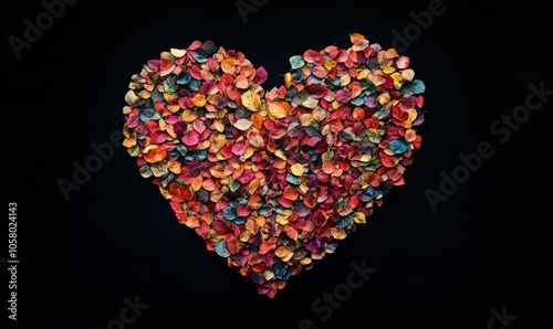 Big heart of colored fallen leaves on black background