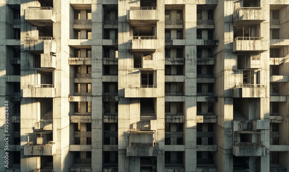 Brutalist apartment complex with repetitive, modular design, featuring deep shadows and harsh concrete textures, exuding a sense of dystopian uniformity. Brutalist apartment complex with repetitive, modular design, featuring deep shadows and harsh concrete textures, exuding a sense of dystopian uniformity.