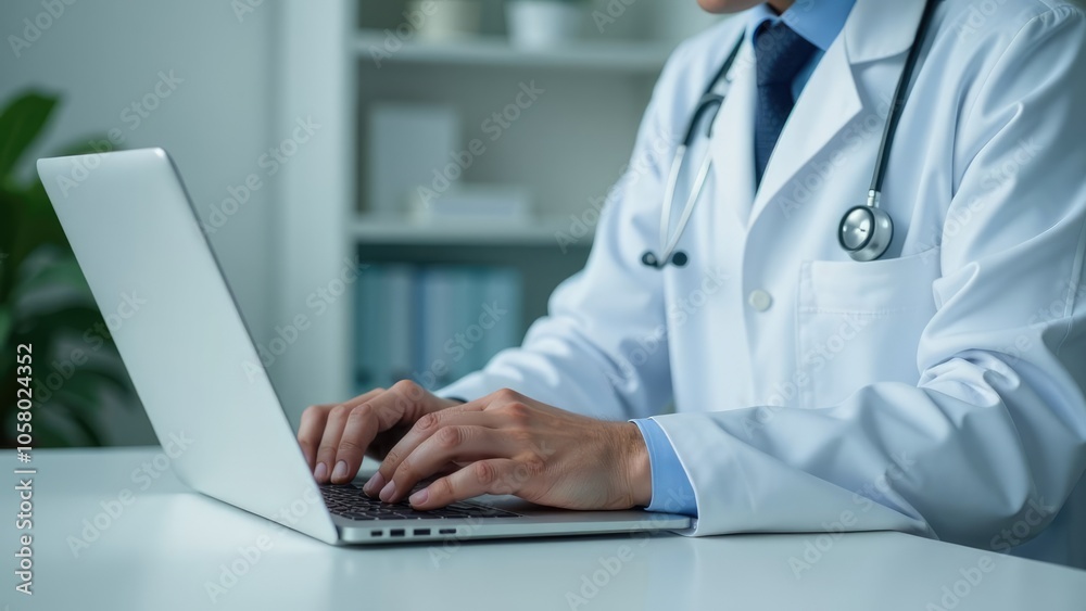 A doctor in a white coat is typing on a laptop in his office. Healthcare and medical concept.
A doctor in a white coat is typing on a laptop in his office. Healthcare and medical concept.