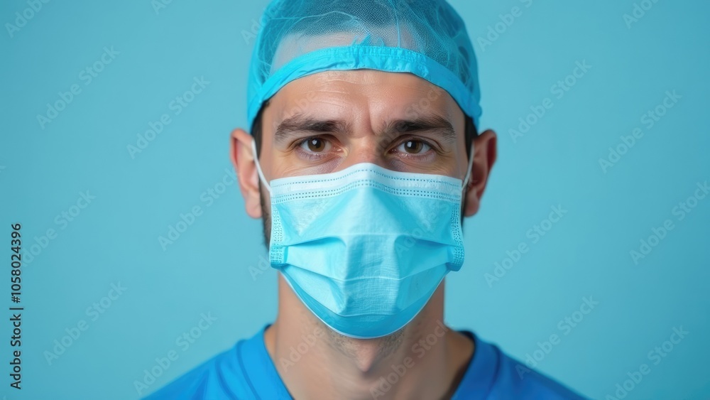 A doctor wearing a blue surgical gown, a light blue mask and a light blue cap looks directly at the camera against a bright blue background. Healthcare and medical concept. A doctor wearing a blue surgical gown, a light blue mask and a light blue cap looks directly at the camera against a bright blue background. Healthcare and medical concept.