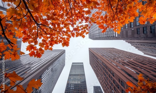 Bright orange and red maple leaves frame the view of tall skyscrapers, highlighting nature's beauty within the urban landscape as the clear sky provides a serene backdrop