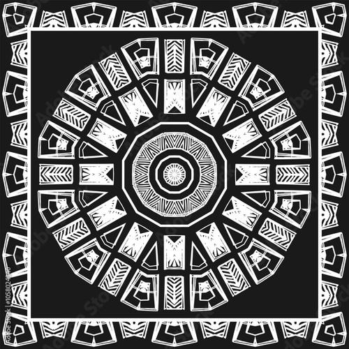 Monochrome black and white bandana with african style pattern. Vector illustration