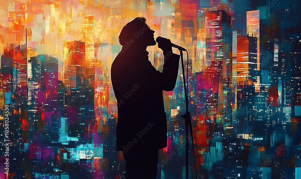Fototapeta premium captivating silhouette of singer with vibrant cityscape overlay, showcasing dynamic blend of music and urban life. image evokes sense of energy and creativity