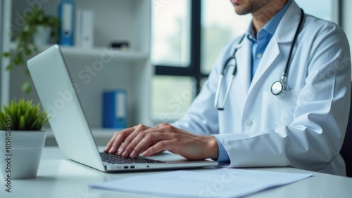 A doctor in a white coat sits at a desk in his office, working on a laptop. Healthcare and medical concept.