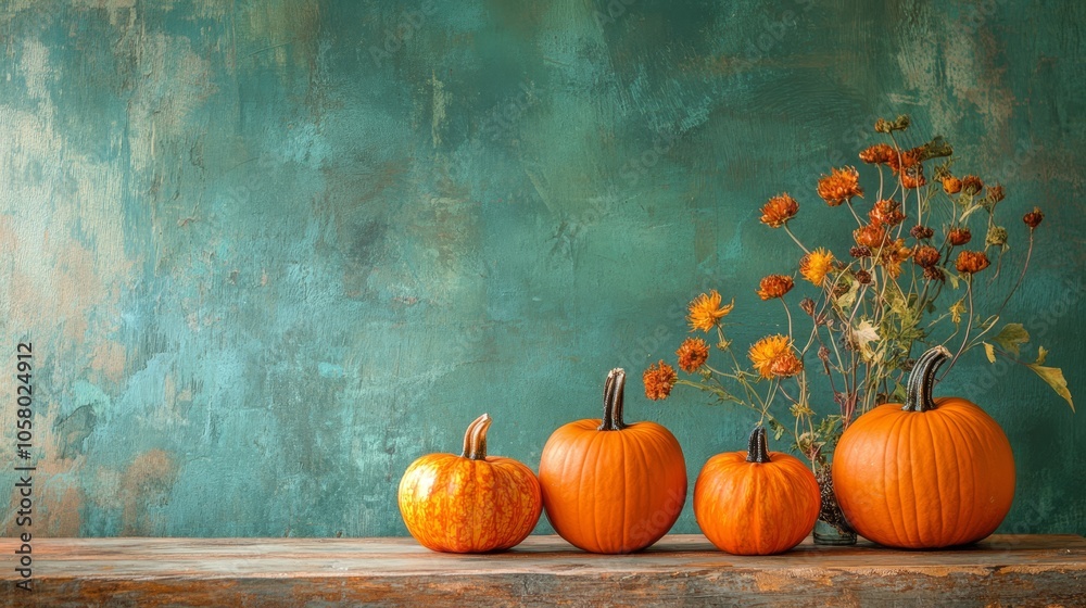 Autumn Still Life with Pumpkins and Dried Flowers on Turquoise Background Autumn Still Life with Pumpkins and Dried Flowers on Turquoise Background