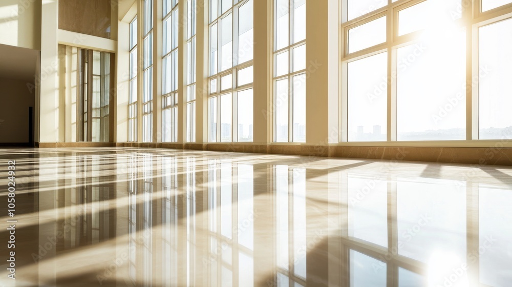 Bright and spacious interior with large windows, reflecting light on a polished floor, ideal for modern architecture concepts. Bright and spacious interior with large windows, reflecting light on a polished floor, ideal for modern architecture concepts.