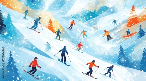 Colorful Skiing and Snowboarding Winter Scene