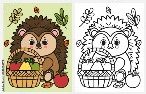 Cute cartoon hedgehog coloring page for kids, autumn, fall coloring pages for kids