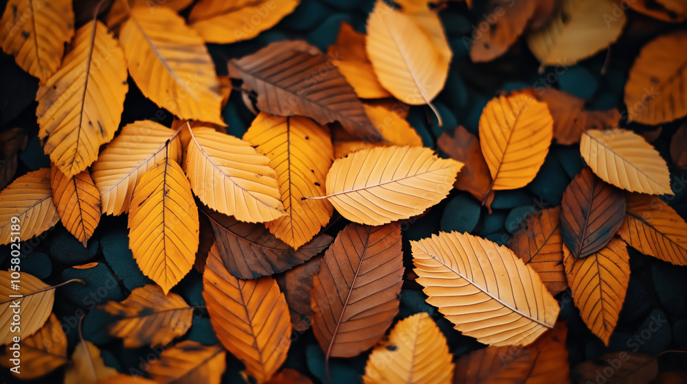 Close-up of vibrant orange and brown autumn leaves layered on a textured dark surface, highlighting natural patterns and seasonal colors. Close-up of vibrant orange and brown autumn leaves layered on a textured dark surface, highlighting natural patterns and seasonal colors.