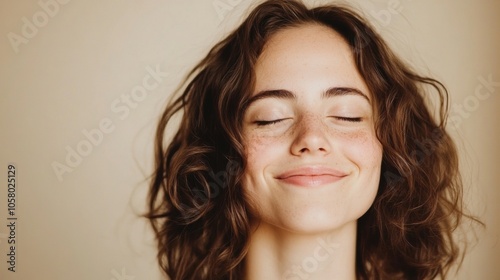 Smiling woman with closed eyes exudes serenity and contentment, AI