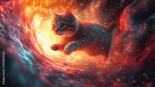 intrepid kitten braves a fiery swirl, vibrant hues of red and blue envelop its curious gaze photo