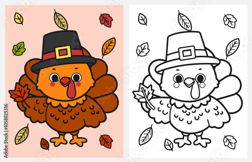 Cute cartoon turkey coloring page for kids, autumn, fall coloring pages for kids