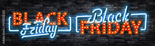 Vector set of neon sign for Black Friday isolated on wall background.